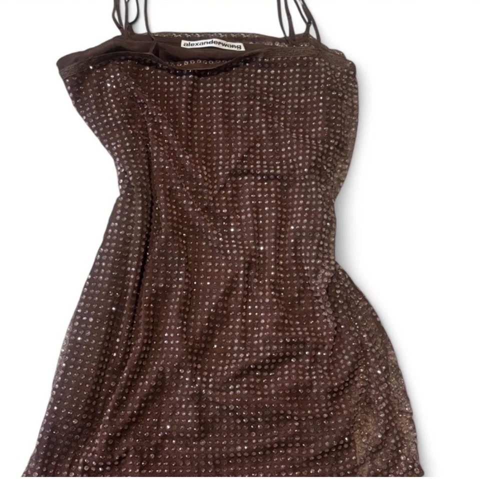 Alexander Wang Crystal Embellished Brown Mesh Slip Dress Size 8 (US Medium) - Image 1 of 3