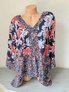 Isaac Mizrahi Live L Tunic Top Woven Blouse Navy Coral Y Neck V Floral Sharkbite - Picture 1 of 18