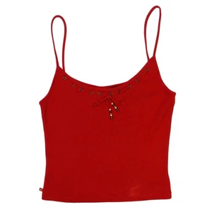 1990s Vintage Ralph Lauren Ribbed Knit Red Tank Top Cami Wooden Beaded Medium - Picture 1 of 8