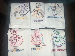 Lot of 6 Vintage Tea/Dish Towels Days of the Week Hand Embroidered X Large - Picture 1 of 13
