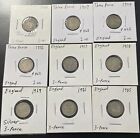 Great Britain 1902/07/09/12/17/18/19/21/25 3 Pence Silver Coins: Lot of 9