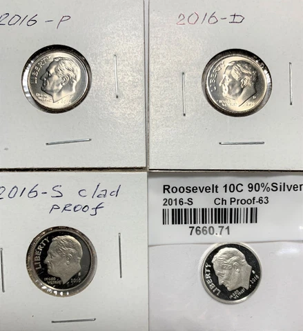 2016 Roosevelt Dime. Set 4 Coins. Mint P & D Unc. Mint S proof & silver proof Cover