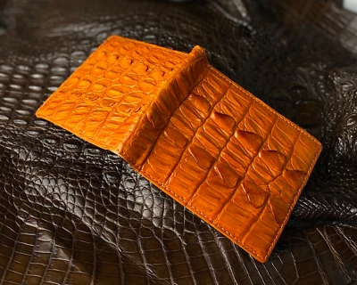 Cartera plegable de cuero naranja para hombre con bloqueo RFID hecha a mano piel de cocodrilo genuina Foto 1 de 4