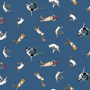 Feline Drive Fabric HAVING A BALL Single Cats Blue - Fat Quarter (18"x22") FQ - Picture 1 of 8