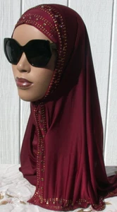 BURGUNDY Slip On One piece Instant Mona Rhinestone Fashion Hijab - Picture 1 of 2