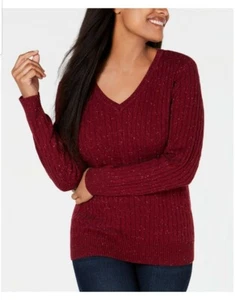 KAREN SCOTT Women's Cable-Knit V-Neck Burgundy Speckled Sweater NWT Small #1041 - Picture 1 of 3