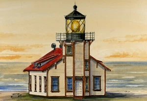 Faro Point Cabrillo Sunset, Mendocino, CA. Impresiones en acuarela de Gerald Hill - Imagen 1 de 2