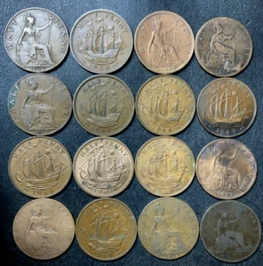Vintage Great Britain Coin Lot - 1871-1964 - 16 HALF PENNIES - LOT #A21 - Picture 1 of 1