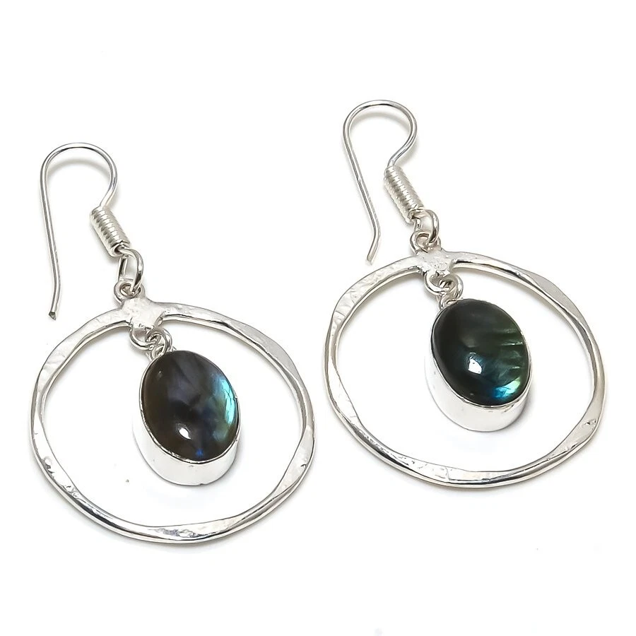 labradorite Gemstone Handmade 925  Sterling Silver Jewelry Earrings Size 1.9" - Image 1 of 1