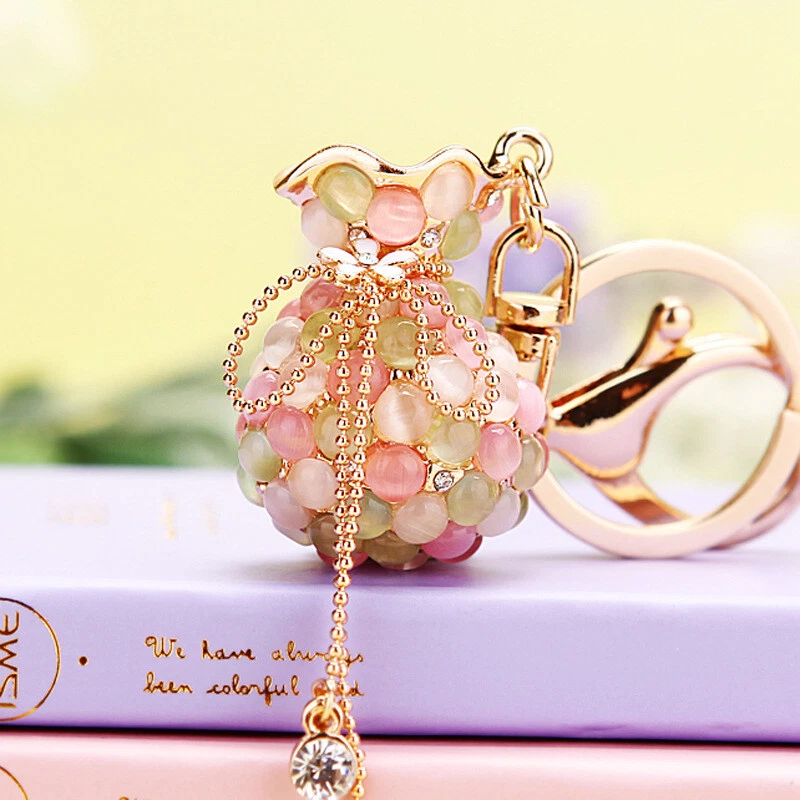 Keychain Money Lucky Bag Crystal Flower Keyring Rhinestone Car Key Chain Ring - Image 1 of 4