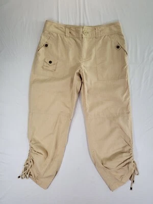 American Living Capri 裤子亚麻混纺女式 4 码绑带下摆口袋米色 — 第 1/4 张图片