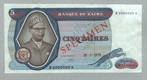Zaire 5 Cinq 1979 P22s SPECIMEN XF-a UNC. - Picture 1 of 2
