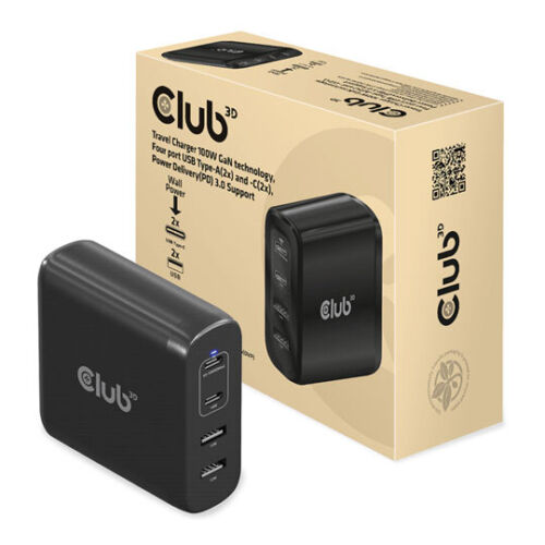 4 Port Club 3D CAC-1912UK 100W GaN Wall Charger, PD3.0 2x USB-C 2x USB A UK     
