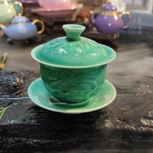 Three piece set of Chinese antique green glazed dragon patterned master tea cups - Picture 1 of 7