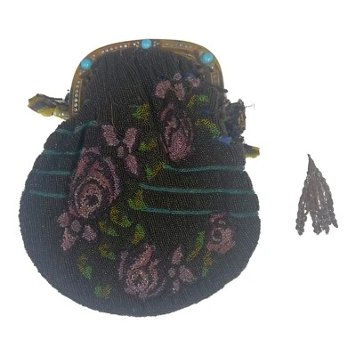 Cartera vintage con cuentas de semillas de vidrio floral para restauración mango de baquelita rosas rosa Foto 1 de 4