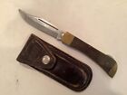 Vintage PIC Hi Stainless Steel 11571 9? Folding Knife w/ Cougar leather sheath