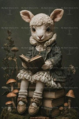 IMPRESIÓN DE ARTE DE OVEJA BOOKISH, póster de cordero, decoración de fantasía animal victoriano Cottagecore Foto 1 de 2