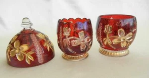 3 Pc Lot EAPG 1905 Paneled Dogwood Ruby & Gold Etched Flint Cooperative Glass - Picture 1 of 12