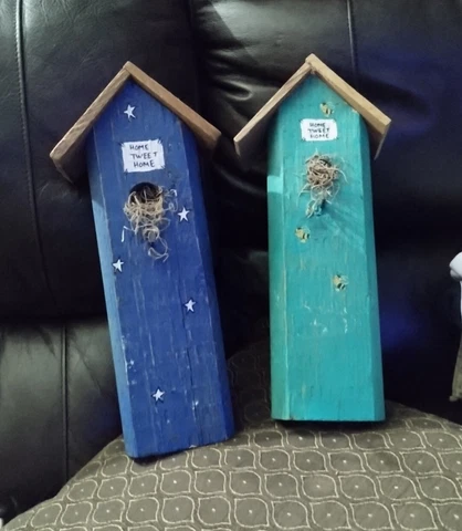 🔥 Two 15" Rustic Bird Houses - Green Turquoise And Blue Bees & Stars Craft DIY Cover