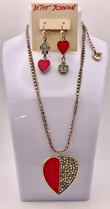 Betsey Johnson Hearts and Clubs Irridescent Pink Pave Necklace and Earrings Set - Picture 1 of 9