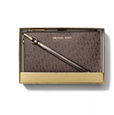 Nuevo Michael Kors Holiday Box Jet Set Viaje Doble Cremallera Cartera Firma Marrón Foto 1 de 4