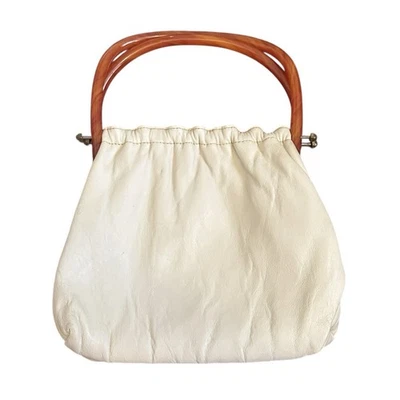 Bolso de mano vintage de cuero crema marfil asas dobles de baquelita marrón 12" LEER Foto 1 de 4