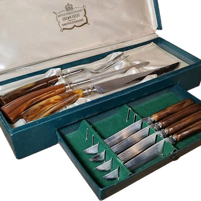 Juego de 4 cuchillos para carne y 3 piezas vintage Crown Crest Sheffield de acero inoxidable Foto 1 de 4