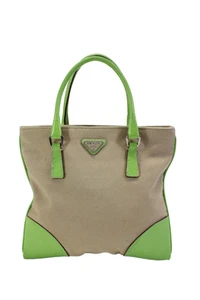 Prada Womens Beige Green Canvas Leather Trim Canapa Small Tote Bag Handbag - Picture 1 of 19