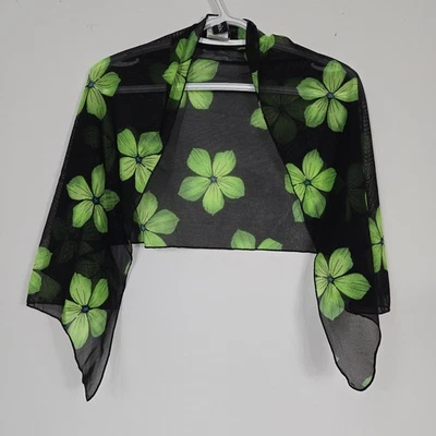 Vintage Longitude Shawl Sheer Black Neon Green Floral Swim Coverup Y2k 90s Fairy - Image 1 of 4