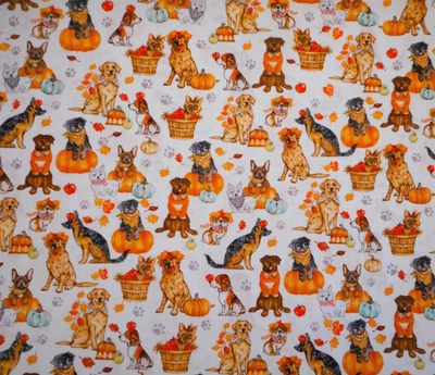 Tela Kaufman Media Yarda Otoño Patas Otoño Perros Cachorro Calabaza Hojas Blanco Algodón B Foto 1 de 2