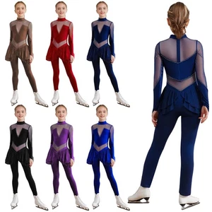Kids Girls Figure Skating Performance Jumpsuit Long Sleeve Sheer Mesh Dancewear - Picture 1 of 71