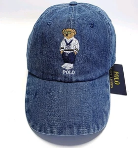 New Polo Ralph Lauren Denim Polo Bear Dad Hat Leather Strapback Adjustable NWT - Picture 1 of 10