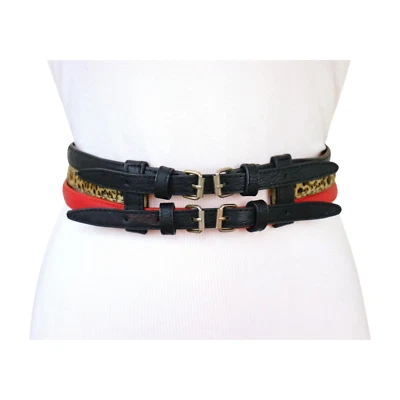Women Black Red Leopard 3 Skinny Connected Statement Cool Belt Double Buckle S M - Image 1 of 4