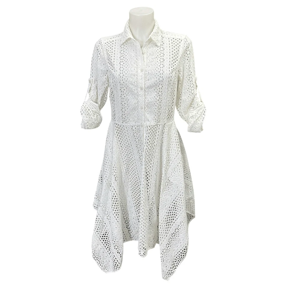 BCBGMAXAZRIA Beatryce 手帕-Hem 衬衫连衣裙白色孔眼尺寸小号 — 第 1/4 张图片