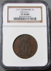 1771 DENMARK 1 SKILLING NGC VERY FINE 30 BN - Picture 1 of 2
