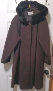 Vintage Charles Klein 16 Damen langer durchgehender brauner Mantel mit Kapuze Kunstfellbesatz - Bild 1 von 19