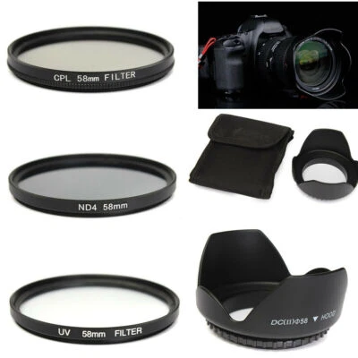 58mm UV CPL ND4 Circular Polarizing Filter Kit + Lens Hood For Canon Camera DSLR - Image 1 of 4