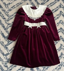 Vintage Rare Editions Girls Burgundy Velvet Dress w/ Crochet Lace Size 5 - Picture 1 of 3