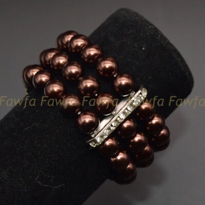 Multicolor 3 Rows 10mm South Sea Shell Pearl Round Beads Elastic Bracelet 7.5'' - Image 1 of 4