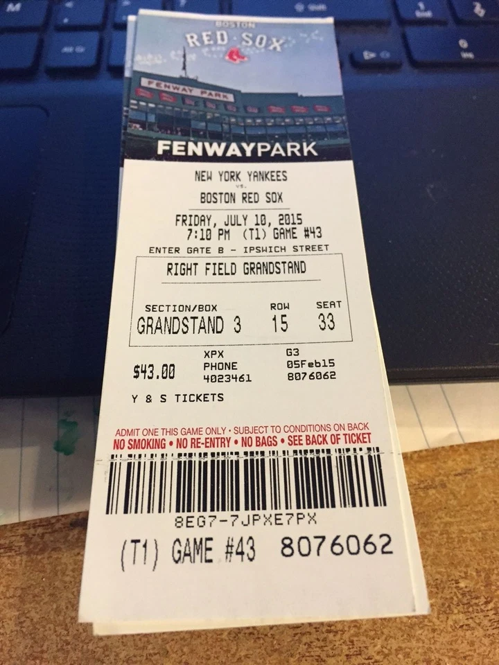2015 BOSTON RED SOX VS NEW YORK YANKEES TICKET STUB 7/10 ALEX RODRIGUEZ HR #671  - Image 1 of 1