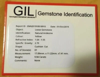 GIL Certified VVS 9.94 Ct Natural Yellow Andesine Unheated Cushion Cut Gemstone  - Image 1 of 4