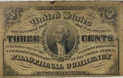 1863 3 Cents Fractional Currency XF+ Details Note Circulated P193 - Image 1 of 2