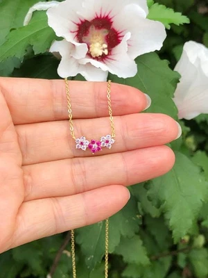 925 Sterling Silver Three Pink Flower Pendant Necklace Gold CZ Women 16mm 17.5" - Image 1 of 4