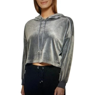 DKNY Womens Cropped Hoodie Velour Embellished Pullover Gray Size X Large - Image 1 of 3
