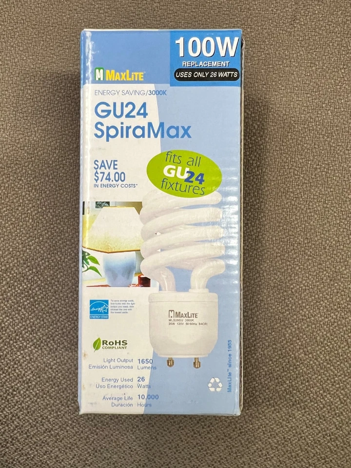 MAXLITE GU24 SPIRAMAX FLUORESCENT BULB MLS26GU30 FITS ALL GU24 100W  USES 26W - Image 1 of 1