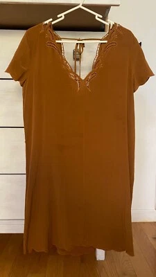 VINTAGE PARISIAN DRESS SZ SMALL Art Deco details, ribbon belt, ocre color, slip - Image 1 of 4