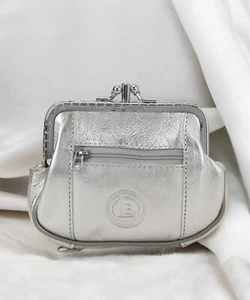 Silver Genuine Leather Woman Coin Purse Double Frame Change Wallet - Picture 1 of 10