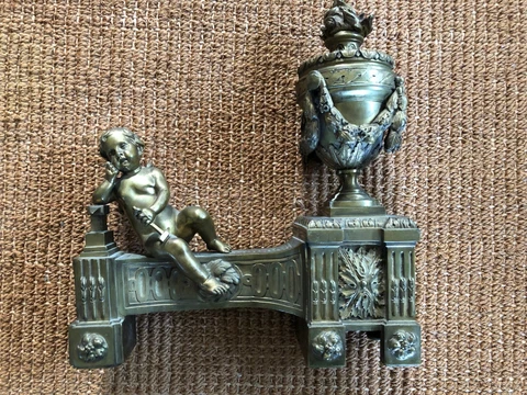 Antique Dore Bronze French REGENCY Andiron Chenet  with Flambeaux Urn and putti Cover