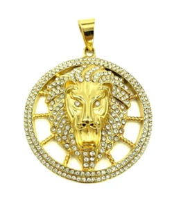 Large Lion Head Pendant Gold Plated Stainless Steel Men Round CZ - Picture 1 of 2