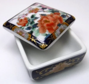Vintage Porcelain Trinket Box Otagiri Japan – Floral & Gold Square Lidded - Picture 1 of 7
